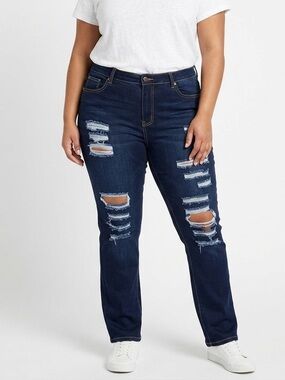 Dark Indigo Distressed Straight-Leg Jeans
